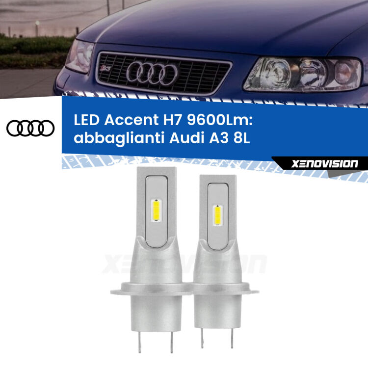 Abbaglianti LED H7 9600Lm per Audi A3 8L con fari Xenon, ogni allestimento <strong>Kit LED Abbaglianti per Audi A3</strong> 8L con fari Xenon, ogni allestimento.</strong> Coppia lampade <strong>H7</strong> senza ventola e ultracompatte per installazioni in fari senza spazi.