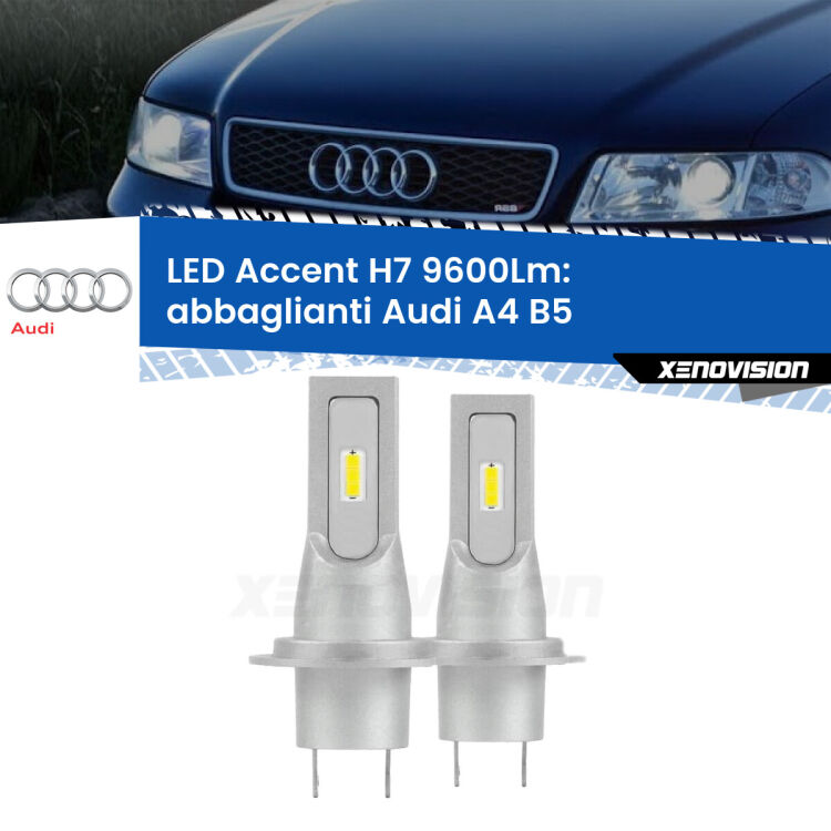 <strong>Kit LED Abbaglianti per Audi A4</strong> B5 a parabola doppia.</strong> Coppia lampade <strong>H7</strong> senza ventola e ultracompatte per installazioni in fari senza spazi.