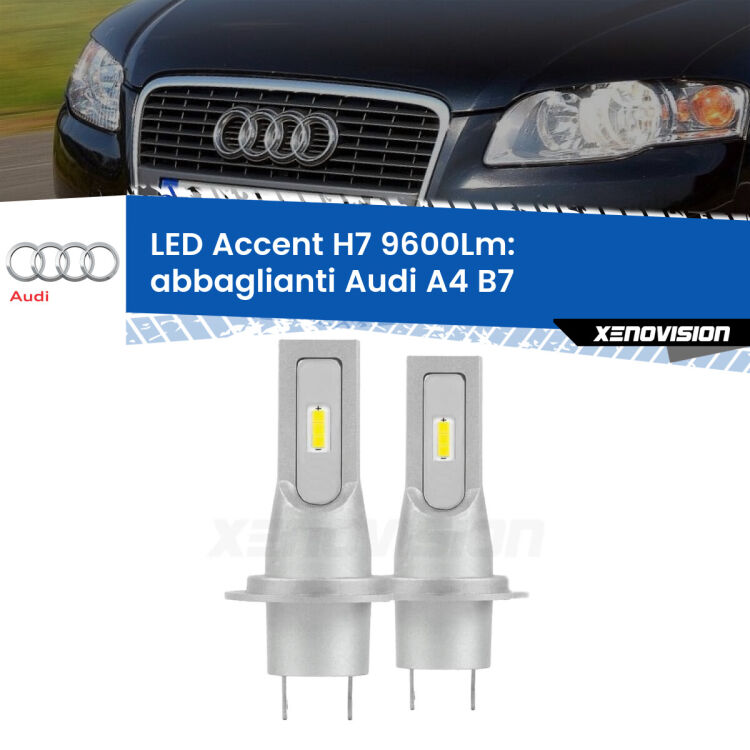 <strong>Kit LED Abbaglianti per Audi A4</strong> B7 2004-2008.</strong> Coppia lampade <strong>H7</strong> senza ventola e ultracompatte per installazioni in fari senza spazi.