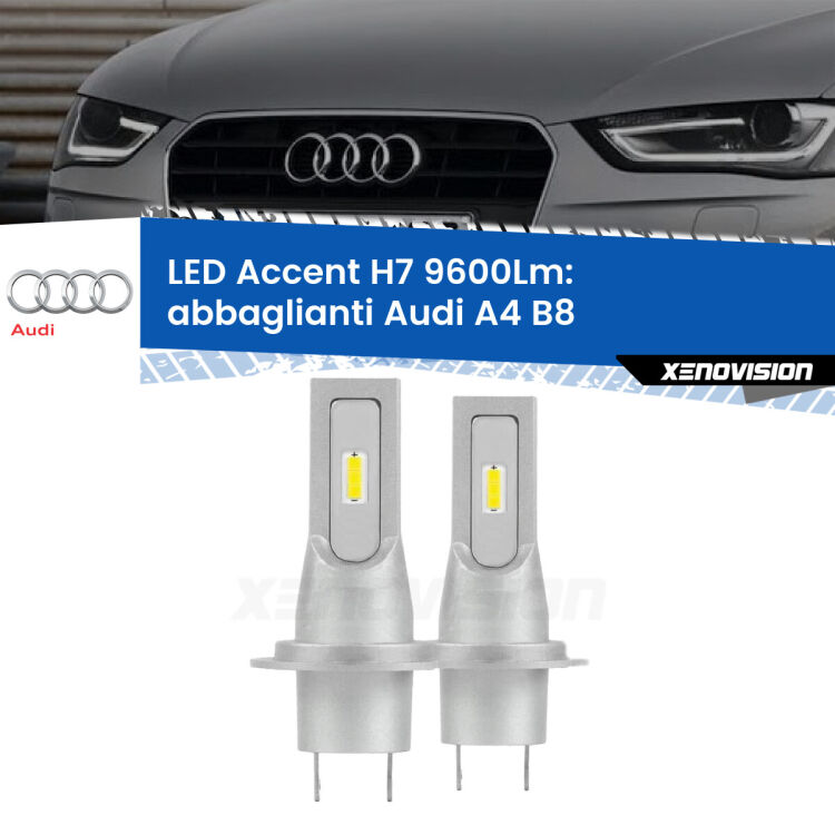 <strong>Kit LED Abbaglianti per Audi A4</strong> B8 2007-2015.</strong> Coppia lampade <strong>H7</strong> senza ventola e ultracompatte per installazioni in fari senza spazi.
