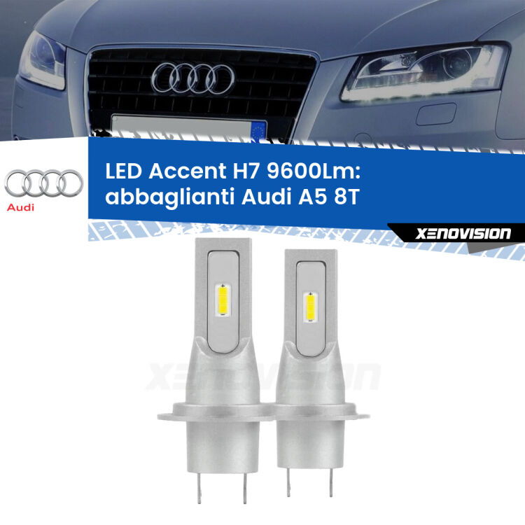 <strong>Kit LED Abbaglianti per Audi A5</strong> 8T 2007-2017.</strong> Coppia lampade <strong>H7</strong> senza ventola e ultracompatte per installazioni in fari senza spazi.