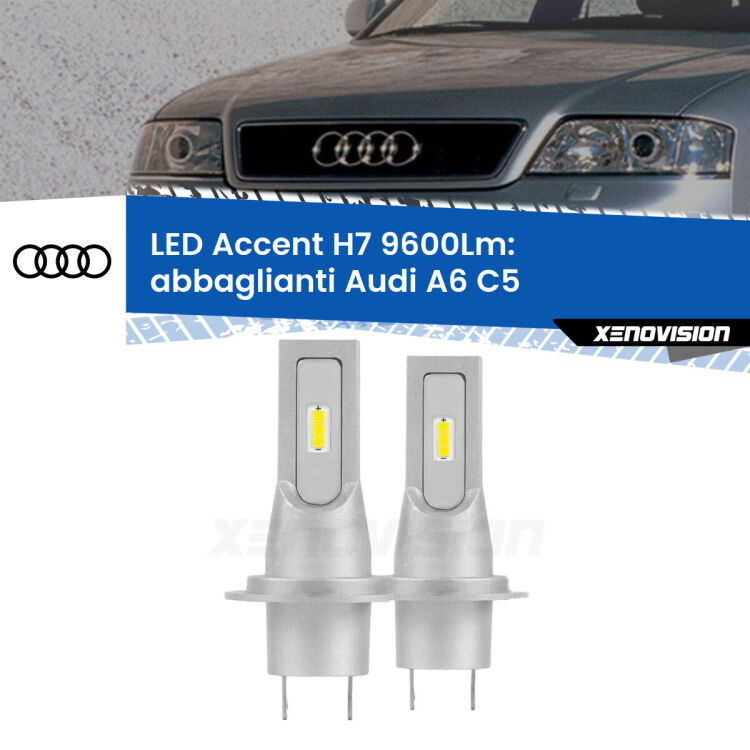 0 Abbaglianti LED H7 9600Lm per Audi A6 C5 1997 -2004 <strong>Kit LED Abbaglianti per Audi A6</strong> C5 1997 -2004.</strong> Coppia lampade <strong>H7</strong> senza ventola e ultracompatte per installazioni in fari senza spazi.