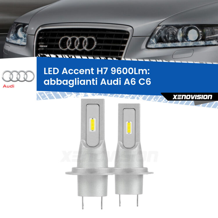 <strong>Kit LED Abbaglianti per Audi A6</strong> C6 dal 2009, con fari Bi-Xenon.</strong> Coppia lampade <strong>H7</strong> senza ventola e ultracompatte per installazioni in fari senza spazi.