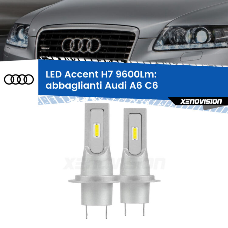 Abbaglianti LED H7 9600Lm per Audi A6 C6 dal 2009, con fari Bi-Xenon <strong>Kit LED Abbaglianti per Audi A6</strong> C6 dal 2009, con fari Bi-Xenon.</strong> Coppia lampade <strong>H7</strong> senza ventola e ultracompatte per installazioni in fari senza spazi.
