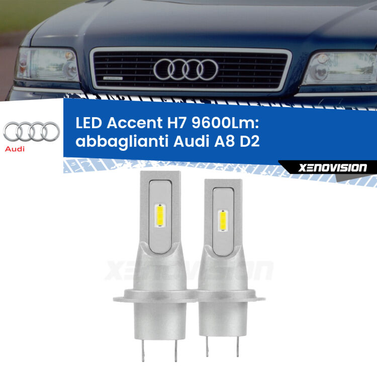 <strong>Kit LED Abbaglianti per Audi A8</strong> D2 1999-2002.</strong> Coppia lampade <strong>H7</strong> senza ventola e ultracompatte per installazioni in fari senza spazi.
