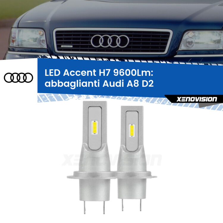 0 Abbaglianti LED H7 9600Lm per Audi A8 D2 1999 -2002 <strong>Kit LED Abbaglianti per Audi A8</strong> D2 1999 -2002.</strong> Coppia lampade <strong>H7</strong> senza ventola e ultracompatte per installazioni in fari senza spazi.