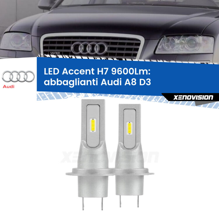 <strong>Kit LED Abbaglianti per Audi A8</strong> D3 2002-2009.</strong> Coppia lampade <strong>H7</strong> senza ventola e ultracompatte per installazioni in fari senza spazi.