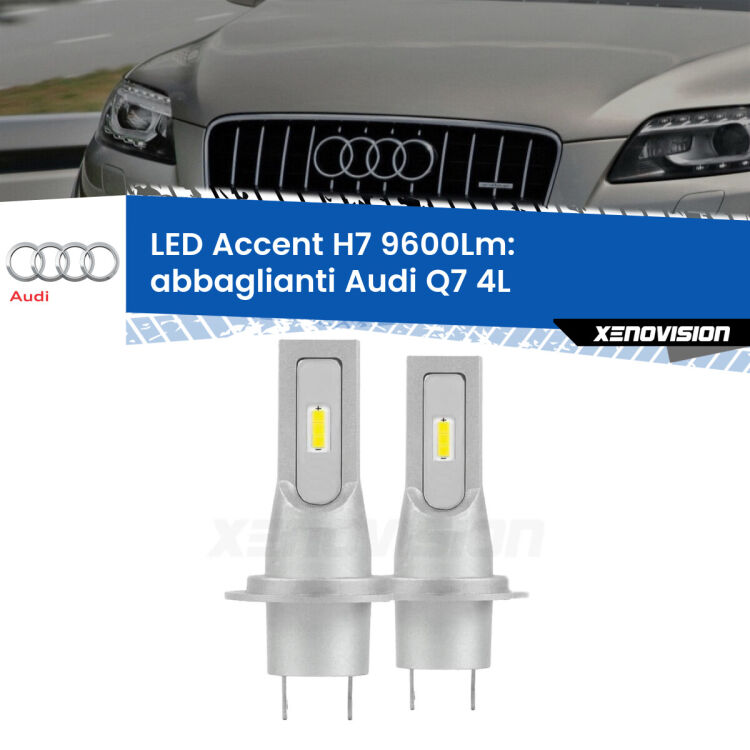 <strong>Kit LED Abbaglianti per Audi Q7</strong> 4L 2006-2009.</strong> Coppia lampade <strong>H7</strong> senza ventola e ultracompatte per installazioni in fari senza spazi.