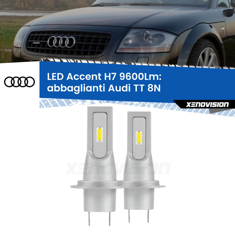 0 Abbaglianti LED H7 9600Lm per Audi TT 8N 1998 -2006 <strong>Kit LED Abbaglianti per Audi TT</strong> 8N 1998 -2006.</strong> Coppia lampade <strong>H7</strong> senza ventola e ultracompatte per installazioni in fari senza spazi.
