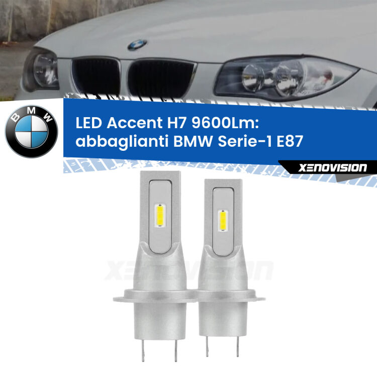<strong>Kit LED Abbaglianti per BMW Serie-1</strong> E87 2003-2012.</strong> Coppia lampade <strong>H7</strong> senza ventola e ultracompatte per installazioni in fari senza spazi.
