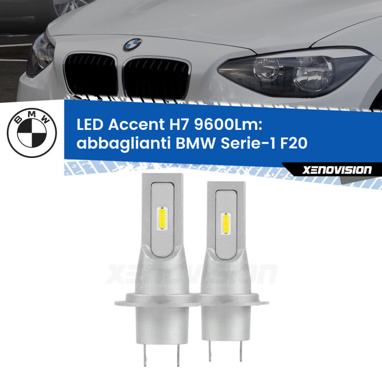 0 Abbaglianti LED H7 9600Lm per BMW Serie-1 F20 2010 -2019 <strong>Kit LED Abbaglianti per BMW Serie-1</strong> F20 2010 -2019.</strong> Coppia lampade <strong>H7</strong> senza ventola e ultracompatte per installazioni in fari senza spazi.