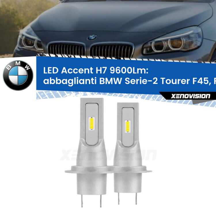 <strong>Kit LED Abbaglianti per BMW Serie-2 Tourer</strong> F45, F46 2014-2018.</strong> Coppia lampade <strong>H7</strong> senza ventola e ultracompatte per installazioni in fari senza spazi.