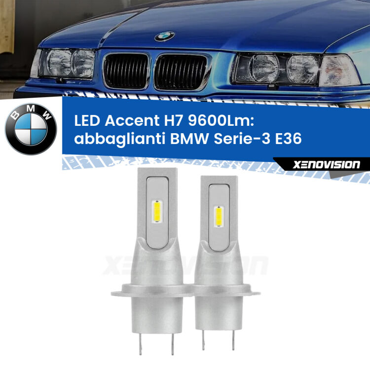 <strong>Kit LED Abbaglianti per BMW Serie-3</strong> E36 1994-1998.</strong> Coppia lampade <strong>H7</strong> senza ventola e ultracompatte per installazioni in fari senza spazi.
