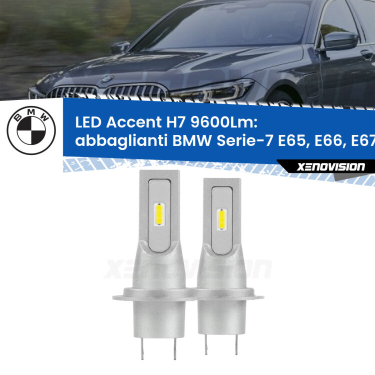 Abbaglianti LED H7 9600Lm per BMW Serie-7 E65, E66, E67 2001 -2008 <strong>Kit LED Abbaglianti per BMW Serie-7</strong> E65, E66, E67 2001 -2008.</strong> Coppia lampade <strong>H7</strong> senza ventola e ultracompatte per installazioni in fari senza spazi.