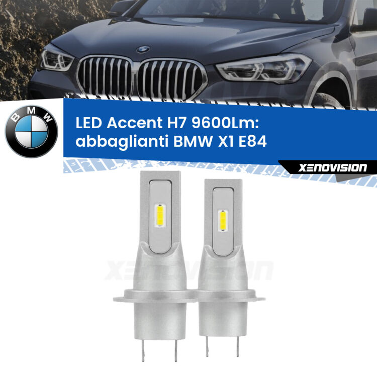 <strong>Kit LED Abbaglianti per BMW X1</strong> E84 2009-2015.</strong> Coppia lampade <strong>H7</strong> senza ventola e ultracompatte per installazioni in fari senza spazi.