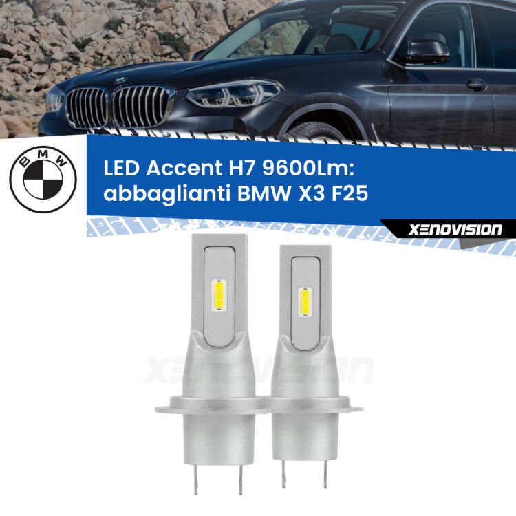Abbaglianti LED H7 9600Lm per BMW X3 F25 2010 -2016 <strong>Kit LED Abbaglianti per BMW X3</strong> F25 2010 -2016.</strong> Coppia lampade <strong>H7</strong> senza ventola e ultracompatte per installazioni in fari senza spazi.
