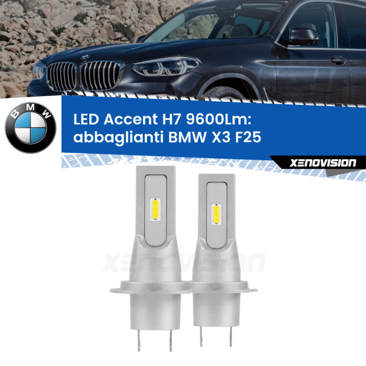 <strong>Kit LED Abbaglianti per BMW X3</strong> F25 2010-2016.</strong> Coppia lampade <strong>H7</strong> senza ventola e ultracompatte per installazioni in fari senza spazi.