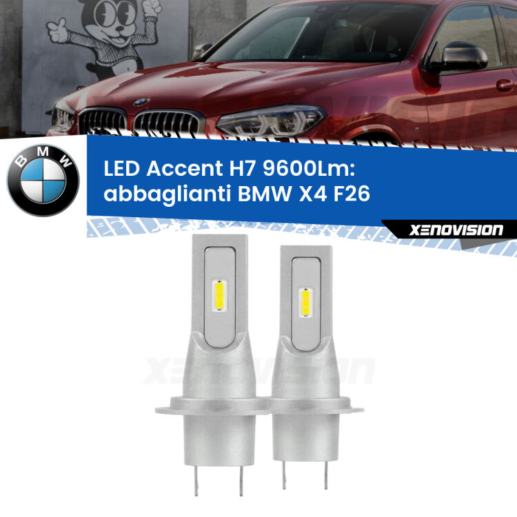 <strong>Kit LED Abbaglianti per BMW X4</strong> F26 2014-2017.</strong> Coppia lampade <strong>H7</strong> senza ventola e ultracompatte per installazioni in fari senza spazi.
