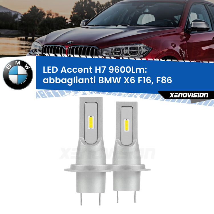 <strong>Kit LED Abbaglianti per BMW X6</strong> F16, F86 2015-2019.</strong> Coppia lampade <strong>H7</strong> senza ventola e ultracompatte per installazioni in fari senza spazi.