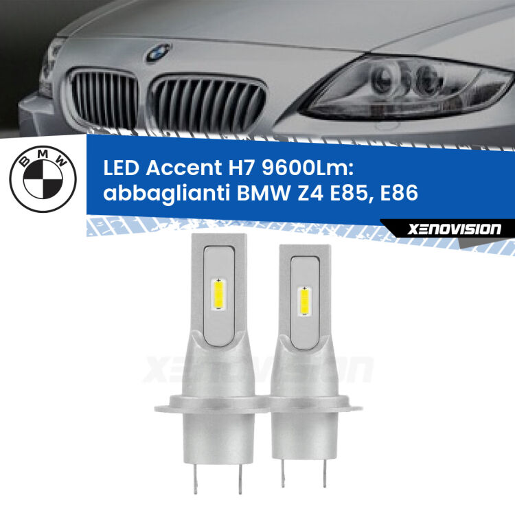 Abbaglianti LED H7 9600Lm per BMW Z4 E85, E86 2003 -2008 <strong>Kit LED Abbaglianti per BMW Z4</strong> E85, E86 2003 -2008.</strong> Coppia lampade <strong>H7</strong> senza ventola e ultracompatte per installazioni in fari senza spazi.