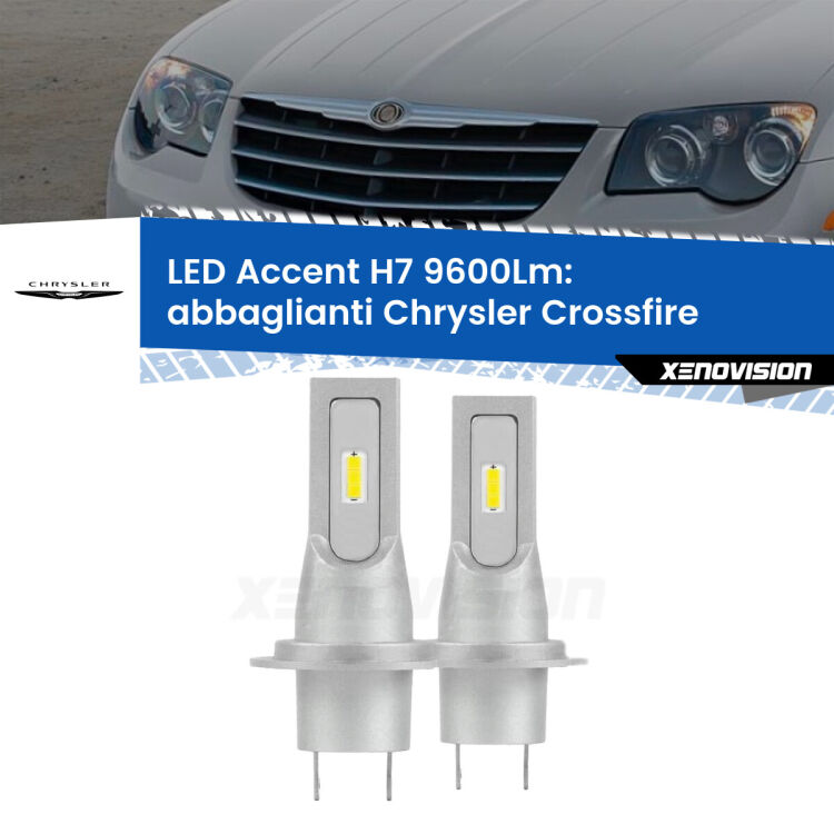 Abbaglianti LED H7 9600Lm per Chrysler Crossfire 2003 -2007 <strong>Kit LED Abbaglianti per Chrysler Crossfire</strong> 2003 -2007.</strong> Coppia lampade <strong>H7</strong> senza ventola e ultracompatte per installazioni in fari senza spazi.