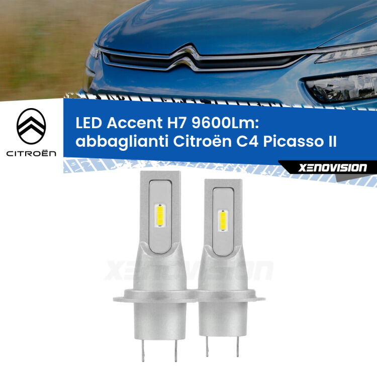 Abbaglianti LED H7 9600Lm per Citroën C4 Picasso II 2013 in poi <strong>Kit LED Abbaglianti per Citroën C4 Picasso</strong> II 2013 in poi.</strong> Coppia lampade <strong>H7</strong> senza ventola e ultracompatte per installazioni in fari senza spazi.
