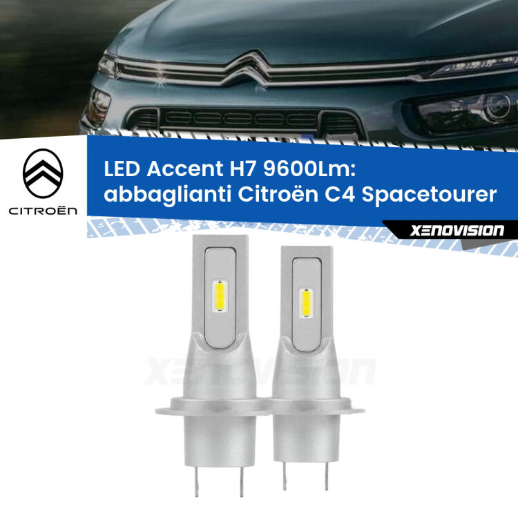 Abbaglianti LED H7 9600Lm per Citroën C4 Spacetourer  2018 in poi <strong>Kit LED Abbaglianti per Citroën C4 Spacetourer</strong>  2018 in poi.</strong> Coppia lampade <strong>H7</strong> senza ventola e ultracompatte per installazioni in fari senza spazi.