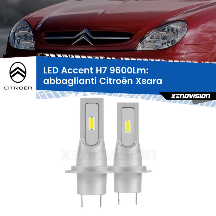 Abbaglianti LED H7 9600Lm per Citroën Xsara  a parabola doppia <strong>Kit LED Abbaglianti per Citroën Xsara</strong>  a parabola doppia.</strong> Coppia lampade <strong>H7</strong> senza ventola e ultracompatte per installazioni in fari senza spazi.