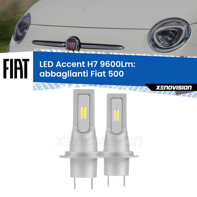 Abbaglianti LED H7 9600Lm per Fiat 500  2015 -2022 <strong>Kit LED Abbaglianti per Fiat 500</strong>  2015 -2022.</strong> Coppia lampade <strong>H7</strong> senza ventola e ultracompatte per installazioni in fari senza spazi.