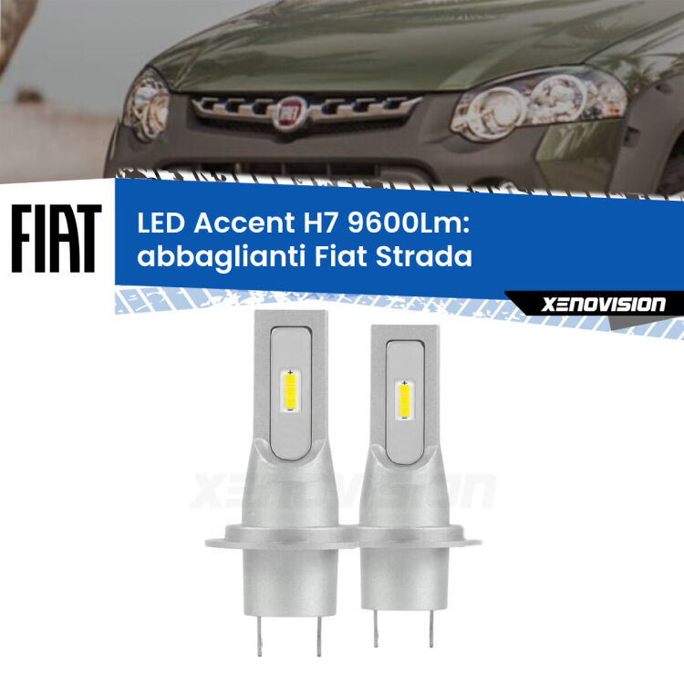 Abbaglianti LED H7 9600Lm per Fiat Strada a parabola doppia <strong>Kit LED Abbaglianti per Fiat Strada</strong> a parabola doppia.</strong> Coppia lampade <strong>H7</strong> senza ventola e ultracompatte per installazioni in fari senza spazi.