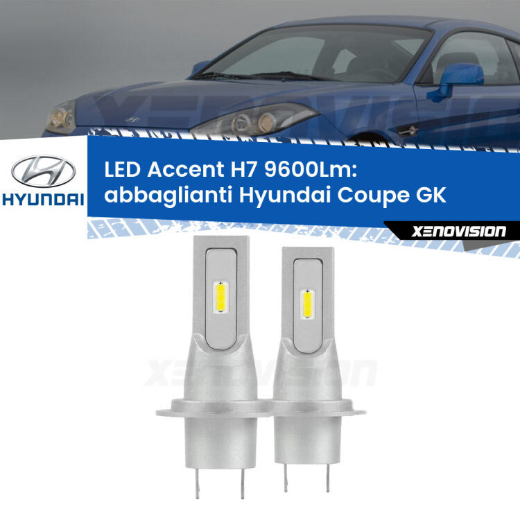 Abbaglianti LED H7 9600Lm per Hyundai Coupe GK 2002 -2009 <strong>Kit LED Abbaglianti per Hyundai Coupe</strong> GK 2002 -2009.</strong> Coppia lampade <strong>H7</strong> senza ventola e ultracompatte per installazioni in fari senza spazi.