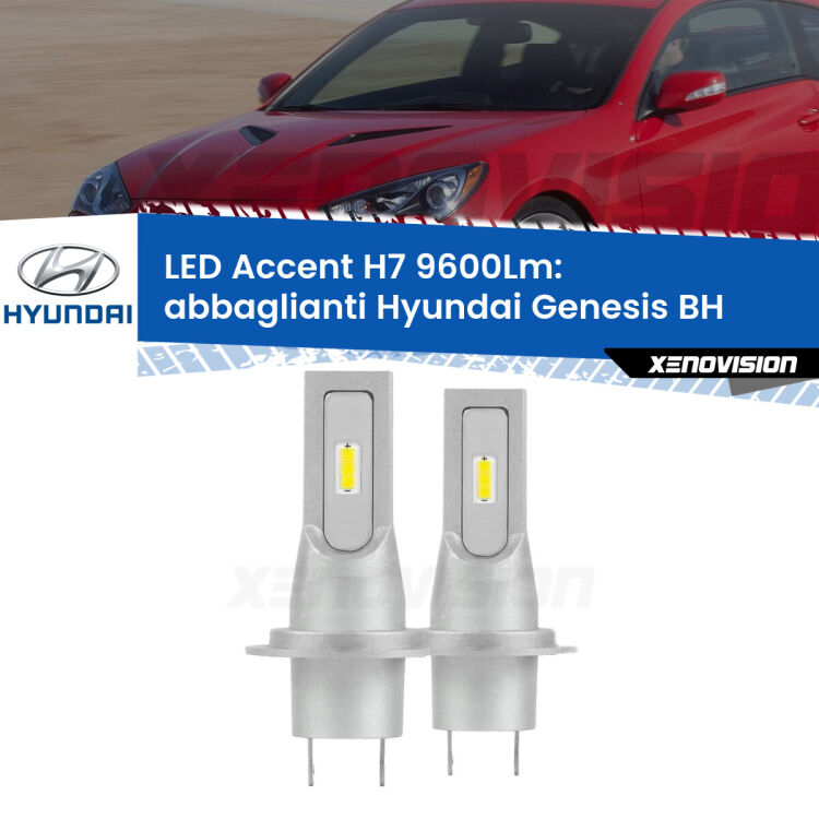 Abbaglianti LED H7 9600Lm per Hyundai Genesis BH 2008 -2014 <strong>Kit LED Abbaglianti per Hyundai Genesis</strong> BH 2008 -2014.</strong> Coppia lampade <strong>H7</strong> senza ventola e ultracompatte per installazioni in fari senza spazi.
