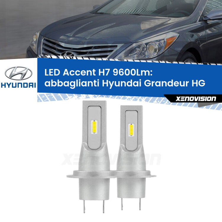 Abbaglianti LED H7 9600Lm per Hyundai Grandeur HG 2011 -2016 <strong>Kit LED Abbaglianti per Hyundai Grandeur</strong> HG 2011 -2016.</strong> Coppia lampade <strong>H7</strong> senza ventola e ultracompatte per installazioni in fari senza spazi.