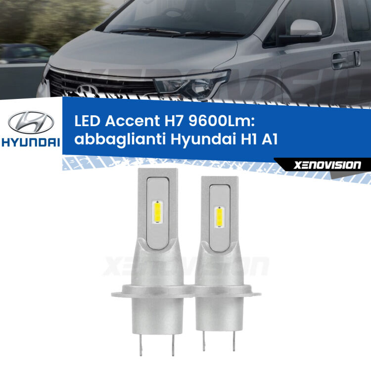 <strong>Kit LED Abbaglianti per Hyundai H1</strong> A1 2000-2008.</strong> Coppia lampade <strong>H7</strong> senza ventola e ultracompatte per installazioni in fari senza spazi.