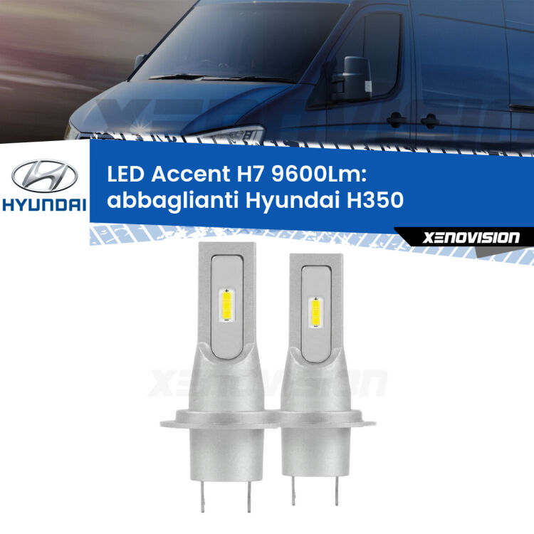 Abbaglianti LED H7 9600Lm per Hyundai H350  2015 in poi <strong>Kit LED Abbaglianti per Hyundai H350</strong>  2015 in poi.</strong> Coppia lampade <strong>H7</strong> senza ventola e ultracompatte per installazioni in fari senza spazi.