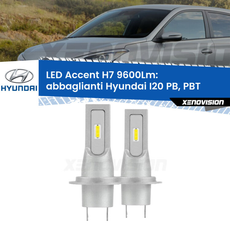 Abbaglianti LED H7 9600Lm per Hyundai I20 PB, PBT a parabola doppia <strong>Kit LED Abbaglianti per Hyundai I20</strong> PB, PBT a parabola doppia.</strong> Coppia lampade <strong>H7</strong> senza ventola e ultracompatte per installazioni in fari senza spazi.