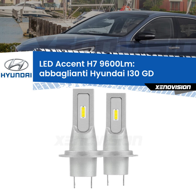 <strong>Kit LED Abbaglianti per Hyundai I30</strong> GD con fari Xenon.</strong> Coppia lampade <strong>H7</strong> senza ventola e ultracompatte per installazioni in fari senza spazi.