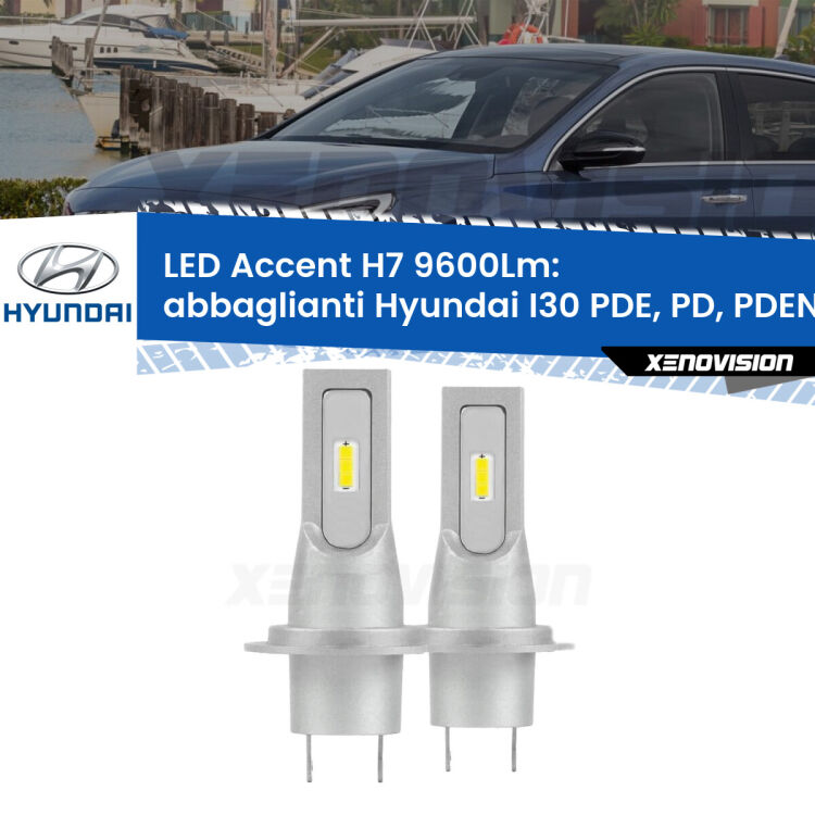 Abbaglianti LED H7 9600Lm per Hyundai I30 PDE, PD, PDEN 2016 in poi <strong>Kit LED Abbaglianti per Hyundai I30</strong> PDE, PD, PDEN 2016 in poi.</strong> Coppia lampade <strong>H7</strong> senza ventola e ultracompatte per installazioni in fari senza spazi.