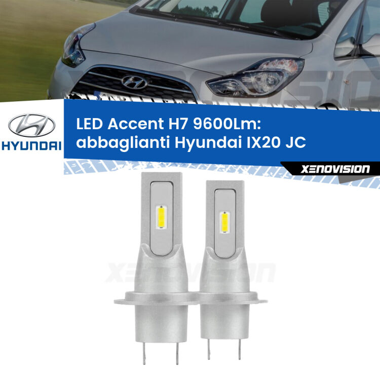 Abbaglianti LED H7 9600Lm per Hyundai IX20 JC 2010 in poi <strong>Kit LED Abbaglianti per Hyundai IX20</strong> JC 2010 in poi.</strong> Coppia lampade <strong>H7</strong> senza ventola e ultracompatte per installazioni in fari senza spazi.