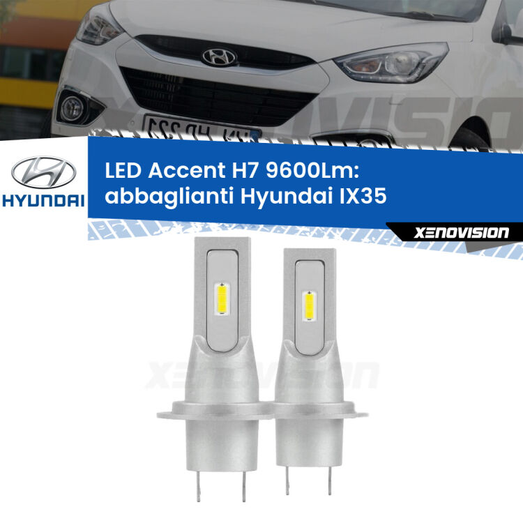Abbaglianti LED H7 9600Lm per Hyundai IX35  2009 -2013 <strong>Kit LED Abbaglianti per Hyundai IX35</strong>  2009 -2013.</strong> Coppia lampade <strong>H7</strong> senza ventola e ultracompatte per installazioni in fari senza spazi.