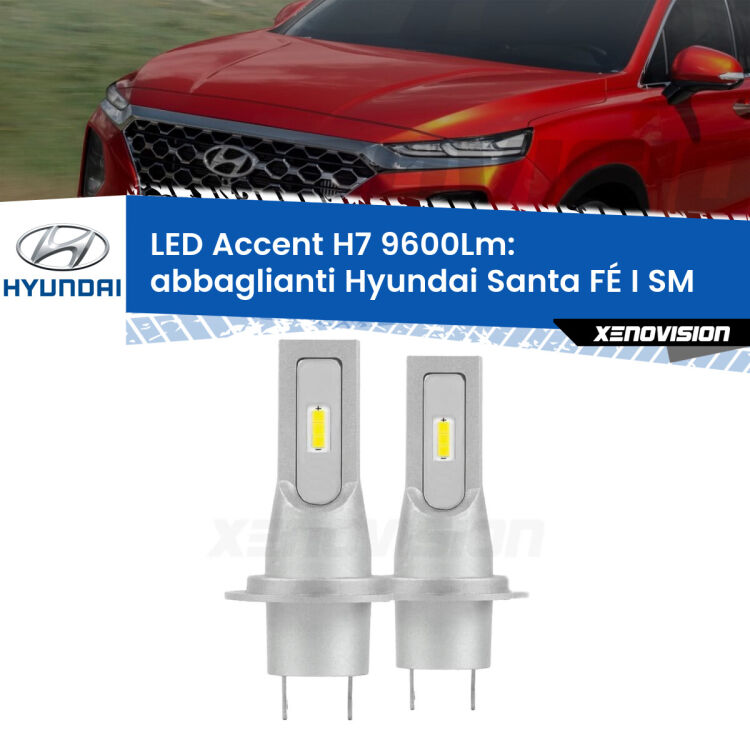 0 Abbaglianti LED H7 9600Lm per Hyundai Santa FÉ I SM 2001 -2005 <strong>Kit LED Abbaglianti per Hyundai Santa FÉ I</strong> SM 2001 -2005.</strong> Coppia lampade <strong>H7</strong> senza ventola e ultracompatte per installazioni in fari senza spazi.
