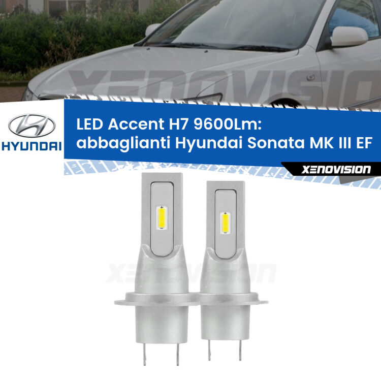 <strong>Kit LED Abbaglianti per Hyundai Sonata MK III</strong> EF 1998-2002.</strong> Coppia lampade <strong>H7</strong> senza ventola e ultracompatte per installazioni in fari senza spazi.