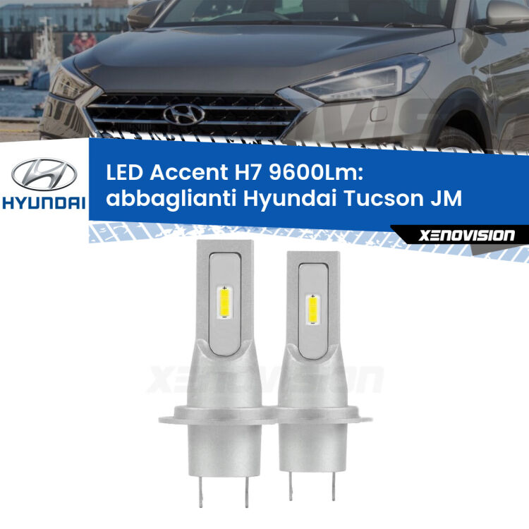 Abbaglianti LED H7 9600Lm per Hyundai Tucson JM 2004 -2013 <strong>Kit LED Abbaglianti per Hyundai Tucson</strong> JM 2004 -2013.</strong> Coppia lampade <strong>H7</strong> senza ventola e ultracompatte per installazioni in fari senza spazi.