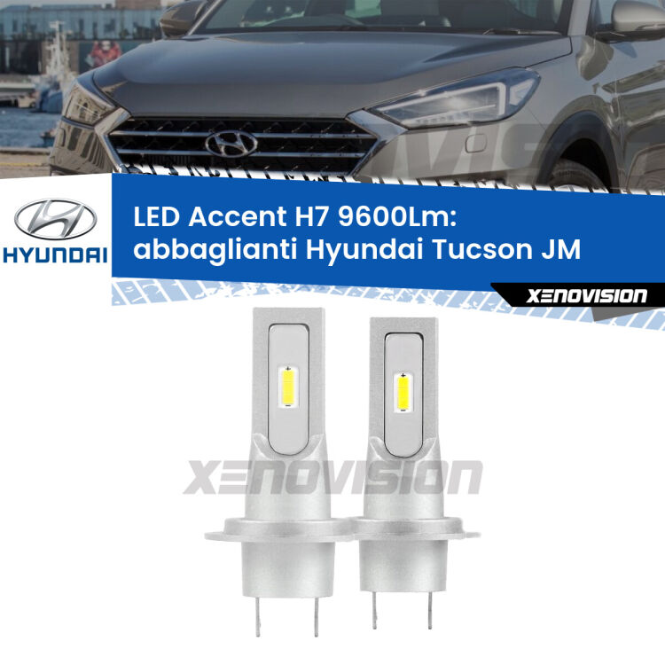 <strong>Kit LED Abbaglianti per Hyundai Tucson</strong> JM 2004-2013.</strong> Coppia lampade <strong>H7</strong> senza ventola e ultracompatte per installazioni in fari senza spazi.