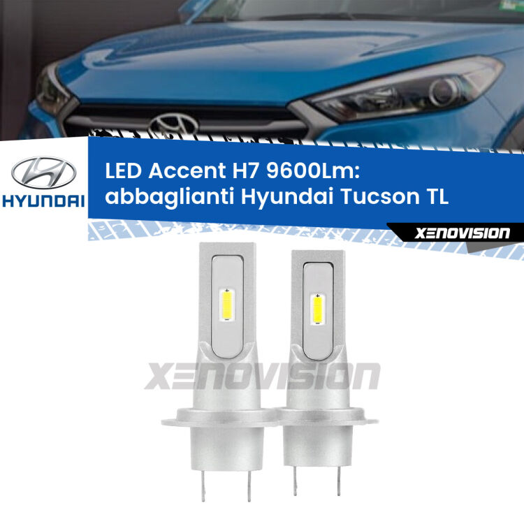 <strong>Kit LED Abbaglianti per Hyundai Tucson</strong> TL 2015-2018.</strong> Coppia lampade <strong>H7</strong> senza ventola e ultracompatte per installazioni in fari senza spazi.