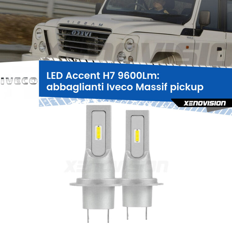 Abbaglianti LED H7 9600Lm per Iveco Massif pickup 2008 -2011 <strong>Kit LED Abbaglianti per Iveco Massif pickup</strong> 2008 -2011.</strong> Coppia lampade <strong>H7</strong> senza ventola e ultracompatte per installazioni in fari senza spazi.