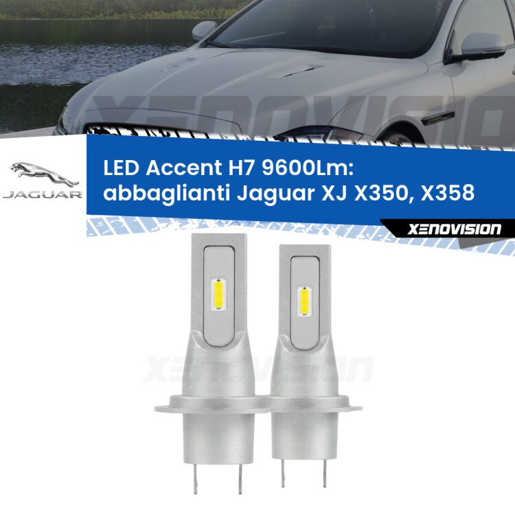 Abbaglianti LED H7 9600Lm per Jaguar XJ X350, X358 2003 -2009 <strong>Kit LED Abbaglianti per Jaguar XJ</strong> X350, X358 2003 -2009.</strong> Coppia lampade <strong>H7</strong> senza ventola e ultracompatte per installazioni in fari senza spazi.