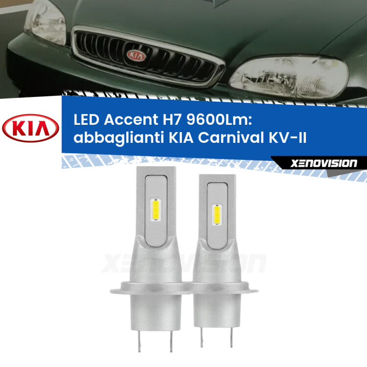 <strong>Kit LED Abbaglianti per KIA Carnival</strong> KV-II 1998-2004.</strong> Coppia lampade <strong>H7</strong> senza ventola e ultracompatte per installazioni in fari senza spazi.