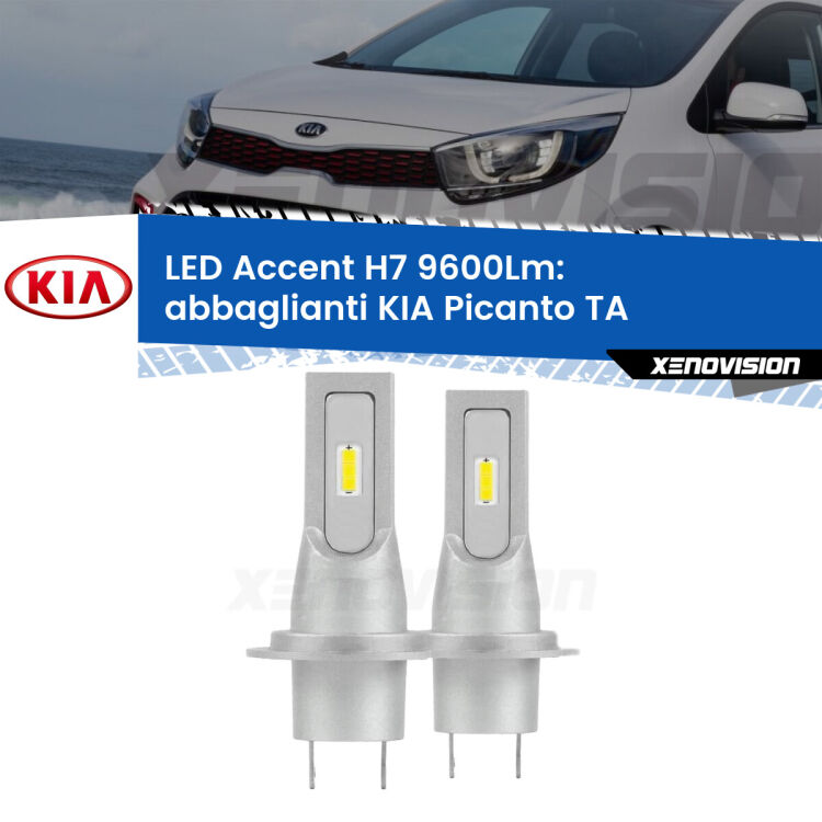 <strong>Kit LED Abbaglianti per KIA Picanto</strong> TA 2011-2016.</strong> Coppia lampade <strong>H7</strong> senza ventola e ultracompatte per installazioni in fari senza spazi.