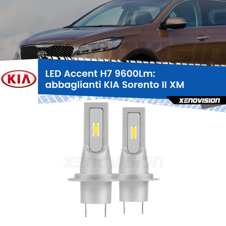 <strong>Kit LED Abbaglianti per KIA Sorento II</strong> XM 2013-2014.</strong> Coppia lampade <strong>H7</strong> senza ventola e ultracompatte per installazioni in fari senza spazi.